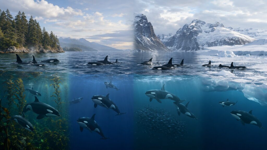 サリッシュ海のケルプ林、北太平洋沖合、ノルウェーのフィヨルド、南極の流氷域を泳ぐシャチの比較図
