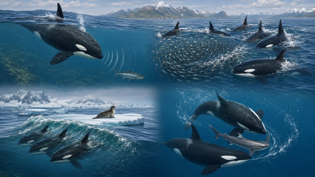 サケ、ニシン、流氷上のアザラシ、サメを異なる方法で狙うシャチの狩り比較図