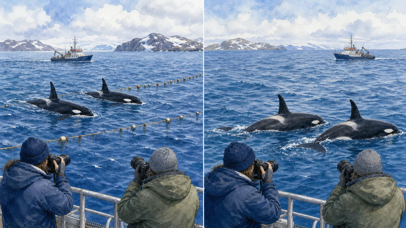 漁船の近くと遠くを移動するシャチを撮影する研究