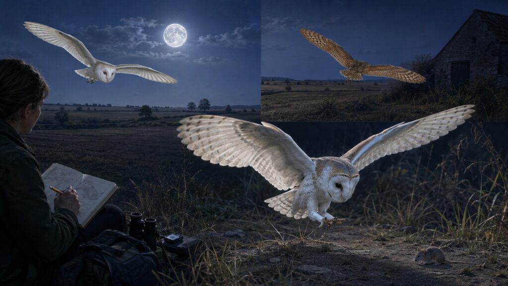静かに着地するメンフクロウと月明かりを利用する白色型と赤褐色型