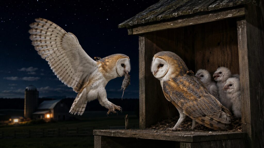 巣箱のひなへ交互に餌を運ぶメンフクロウのつがい
