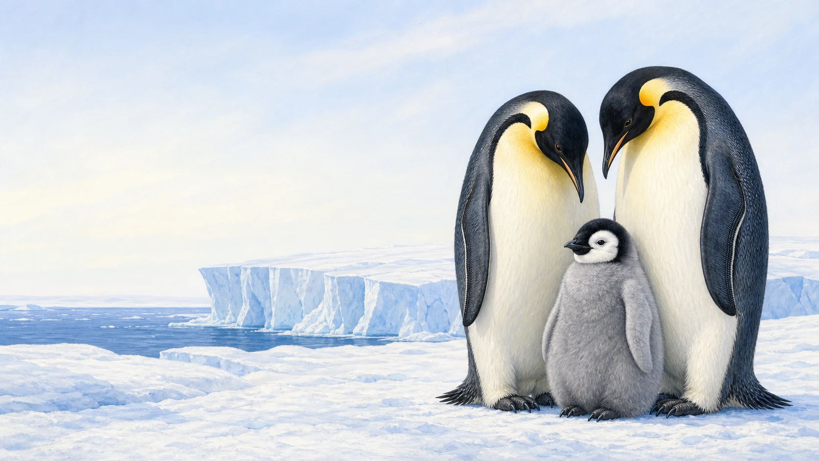 南極の氷の上にいるコウテイペンギンの親子