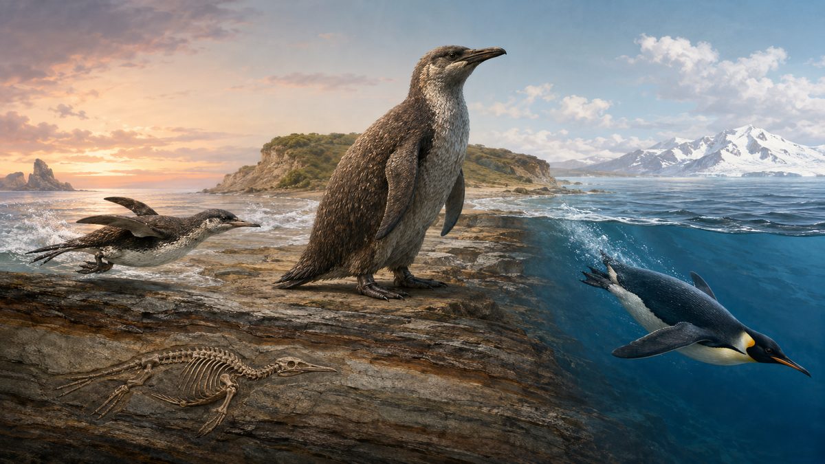 初期ペンギン、巨大な化石ペンギン、岩中の骨格、泳ぐ現生ペンギンを描いた進化記事のアイキャッチ