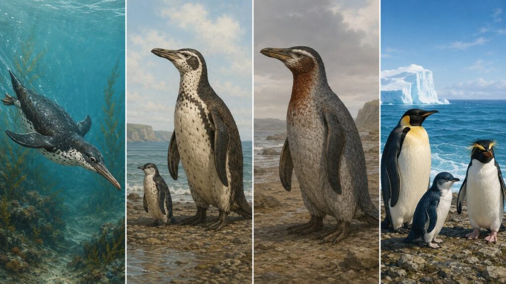 約6100万年前の初期種、巨大ペンギン、赤褐色のインカヤク、現生種を4面で示した進化タイムライン