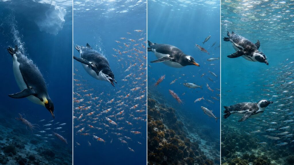深海の魚、オキアミ、魚とイカ、沿岸の群泳魚を捕るペンギンの比較図