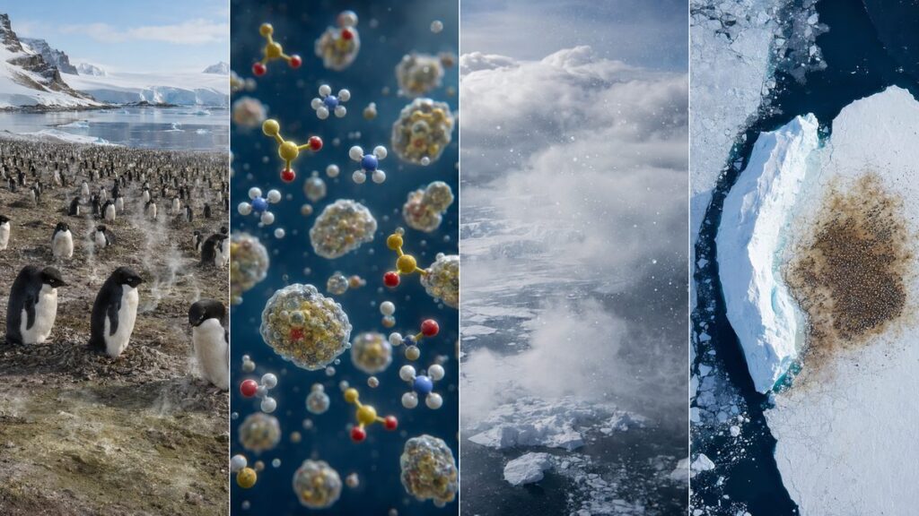 アデリー繁殖地、ふん由来アンモニア、粒子と雲、氷山とコウテイペンギン繁殖地の衛星視点を示す図