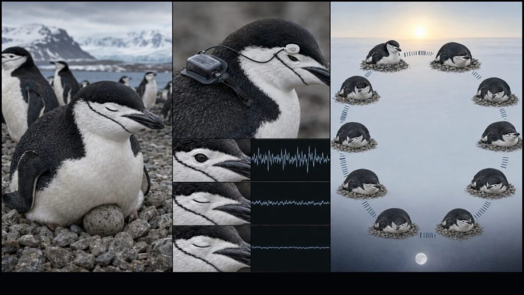 巣で眠るヒゲペンギン、脳波記録装置、片目と両目の睡眠、繰り返す短い睡眠を示す図