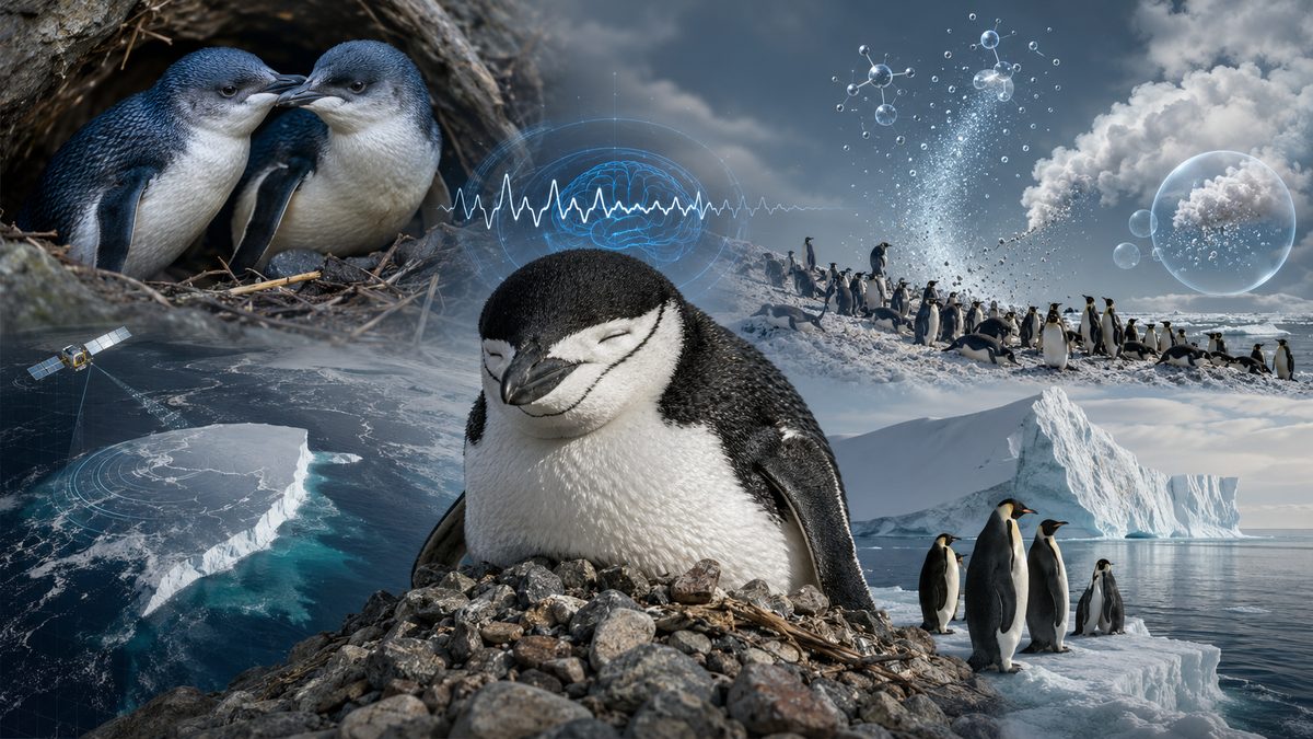 眠るヒゲペンギン、コガタペンギンのつがい、大気粒子、衛星と氷山を一枚に描いた研究記事のアイキャッチ