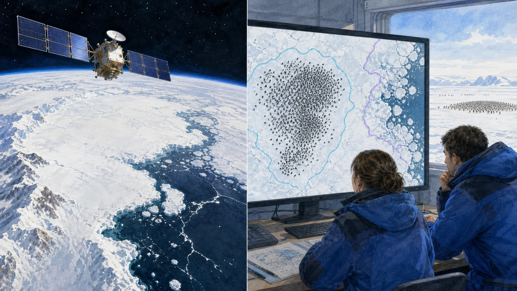 人工衛星と海氷上のペンギン群を解析する研究者