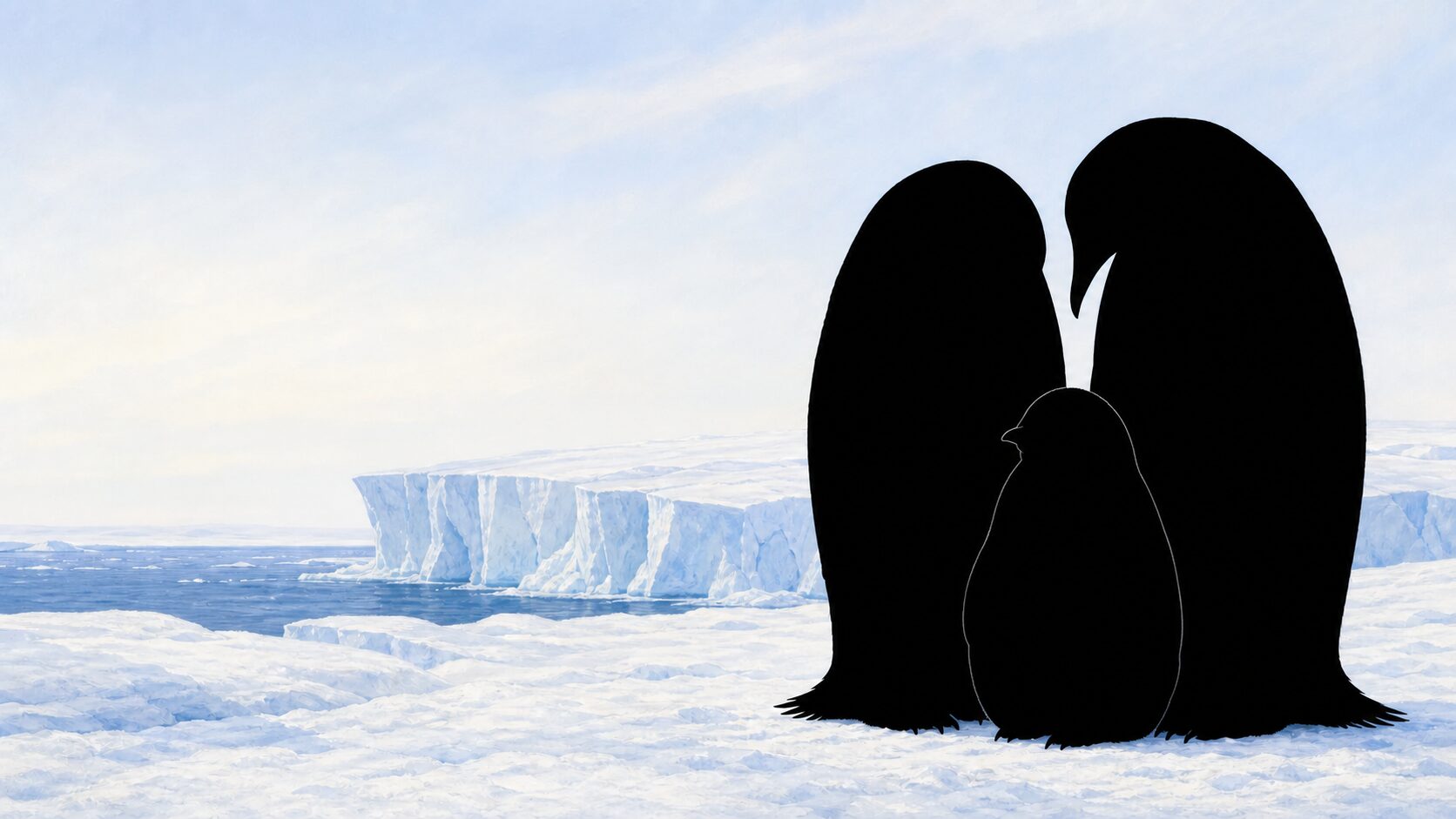 氷の上に立つ黒い鳥の家族の影