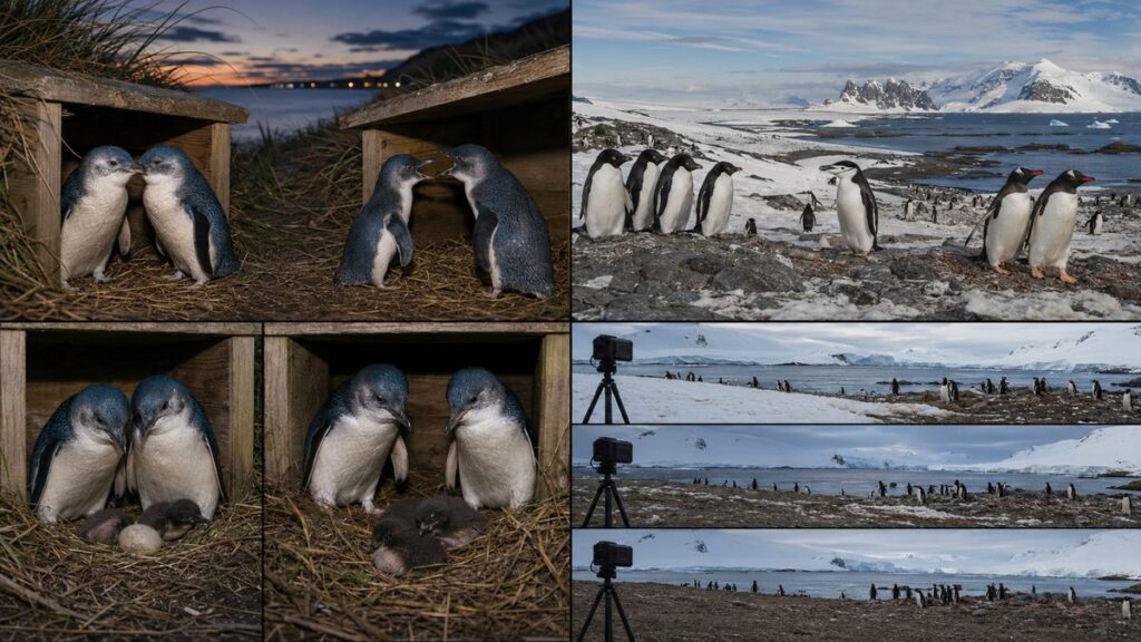 コガタペンギンのつがいと巣、南極の3種を追うタイムラプスカメラを示す図