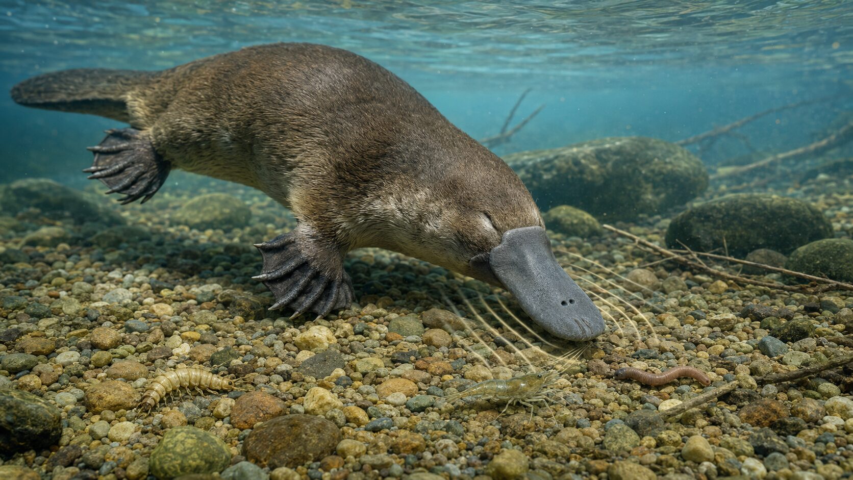 目と耳と鼻を閉じ、くちばしで獲物を探すカモノハシの水中イメージ