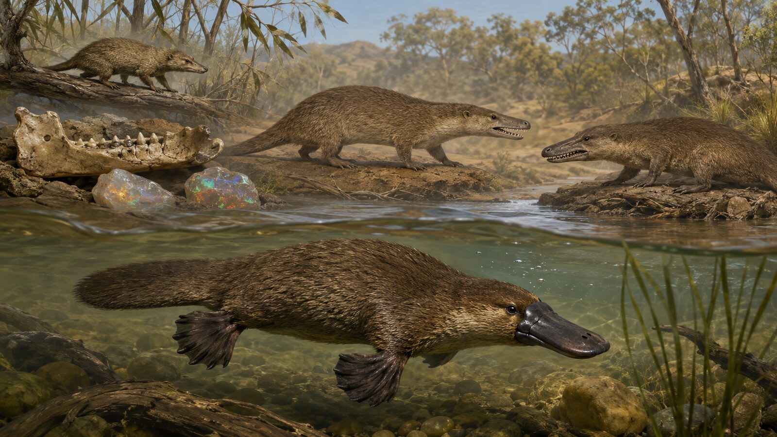 現生カモノハシと歯のある化石単孔類、化石顎、オパール化石を自然史展示風に描いた進化記事のアイキャッチ