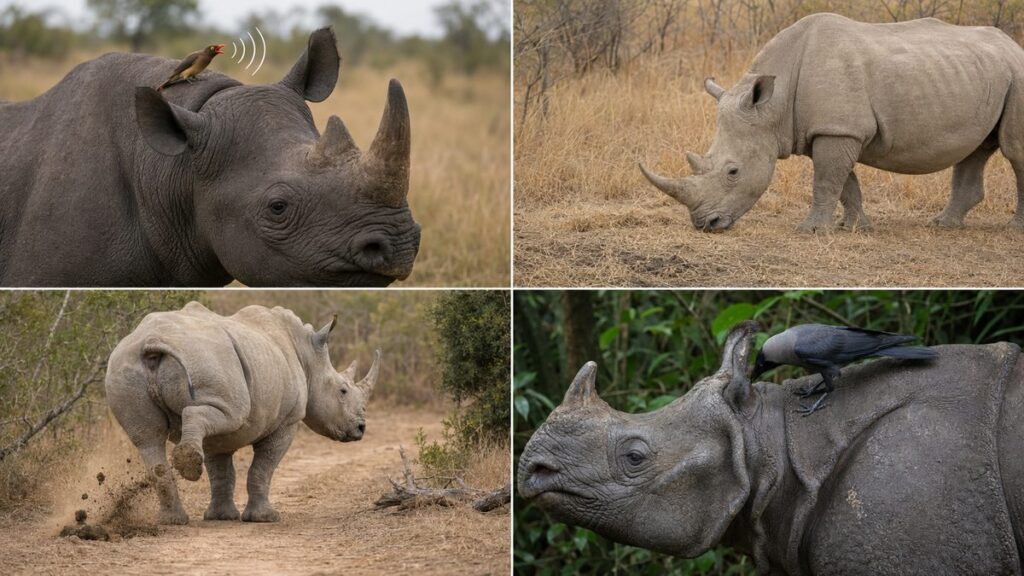 ウシツツキの警報、共同糞場のにおい調査、糞の蹴り散らし、ジャワサイとカラスを4面で示した図