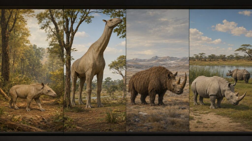 初期の角なしサイ、パラケラテリウム、ケブカサイ、現生サイを4面で比較した進化図