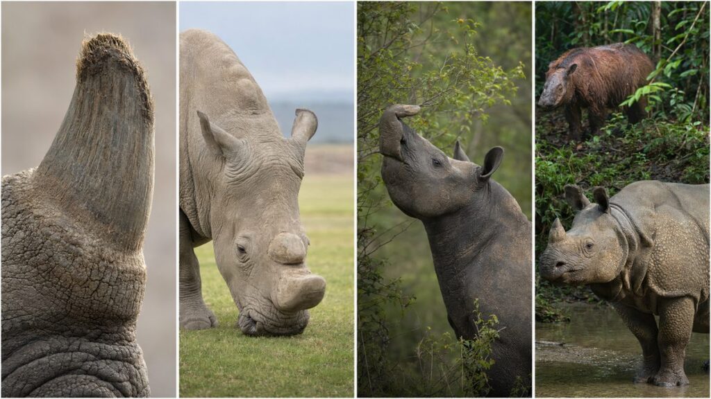 角のケラチン繊維、草食型の口、枝葉食型の唇、皮膚のひだと体毛を比較した図
