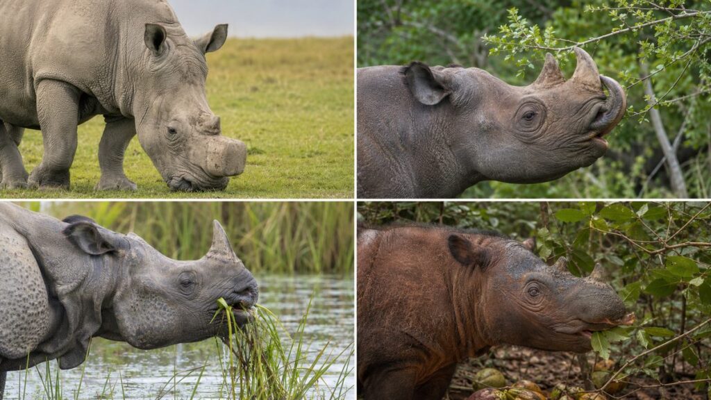 草を刈るシロサイ、枝葉をつまむクロサイ、水生植物を食べるインドサイ、葉を食べるスマトラサイを比較した図