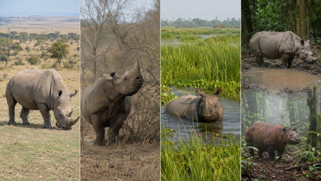 サバンナ、低木地、氾濫原、熱帯林で暮らすサイを4面で比較した図