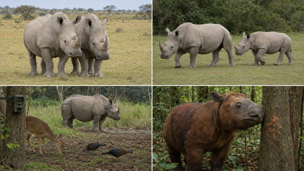 メス同士の関係、成獣と亜成獣、糞場を使う他種、木へ体をこするスマトラサイを4面で示した図