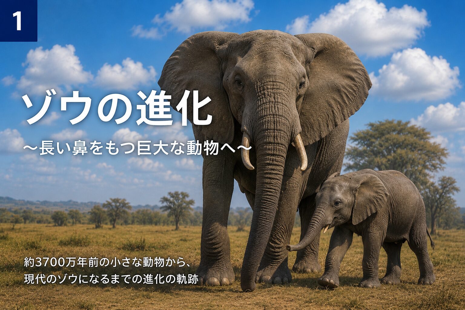 ゾウの進化を紹介する表紙。草原に立つ親子のアフリカゾウ