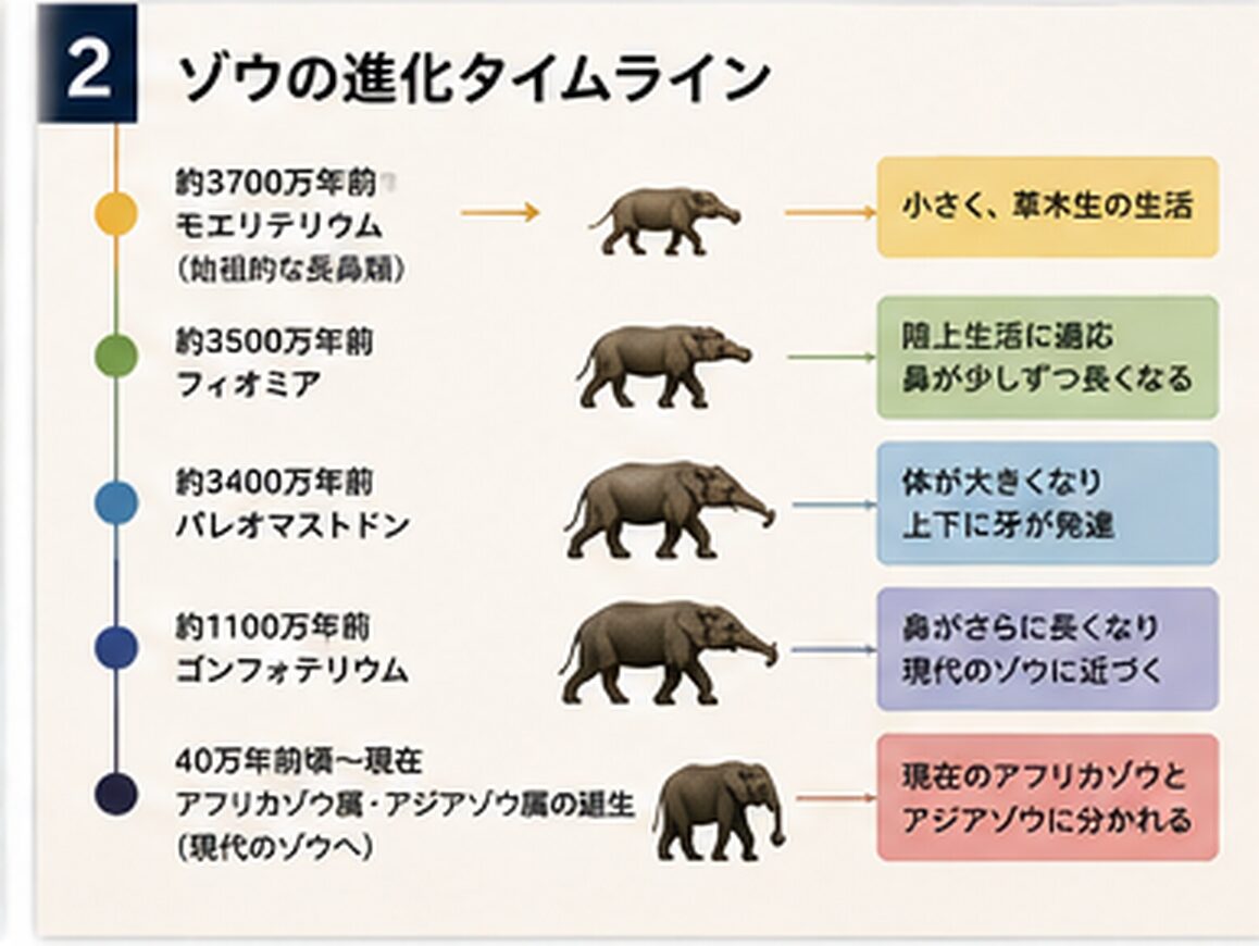 ゾウの仲間の進化を時代順に示したタイムライン図