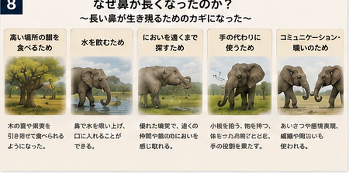 ゾウの鼻の5つの役割を示す図