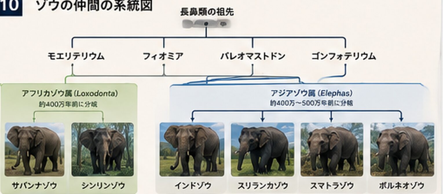 ゾウの仲間が枝分かれしたことを示す系統図
