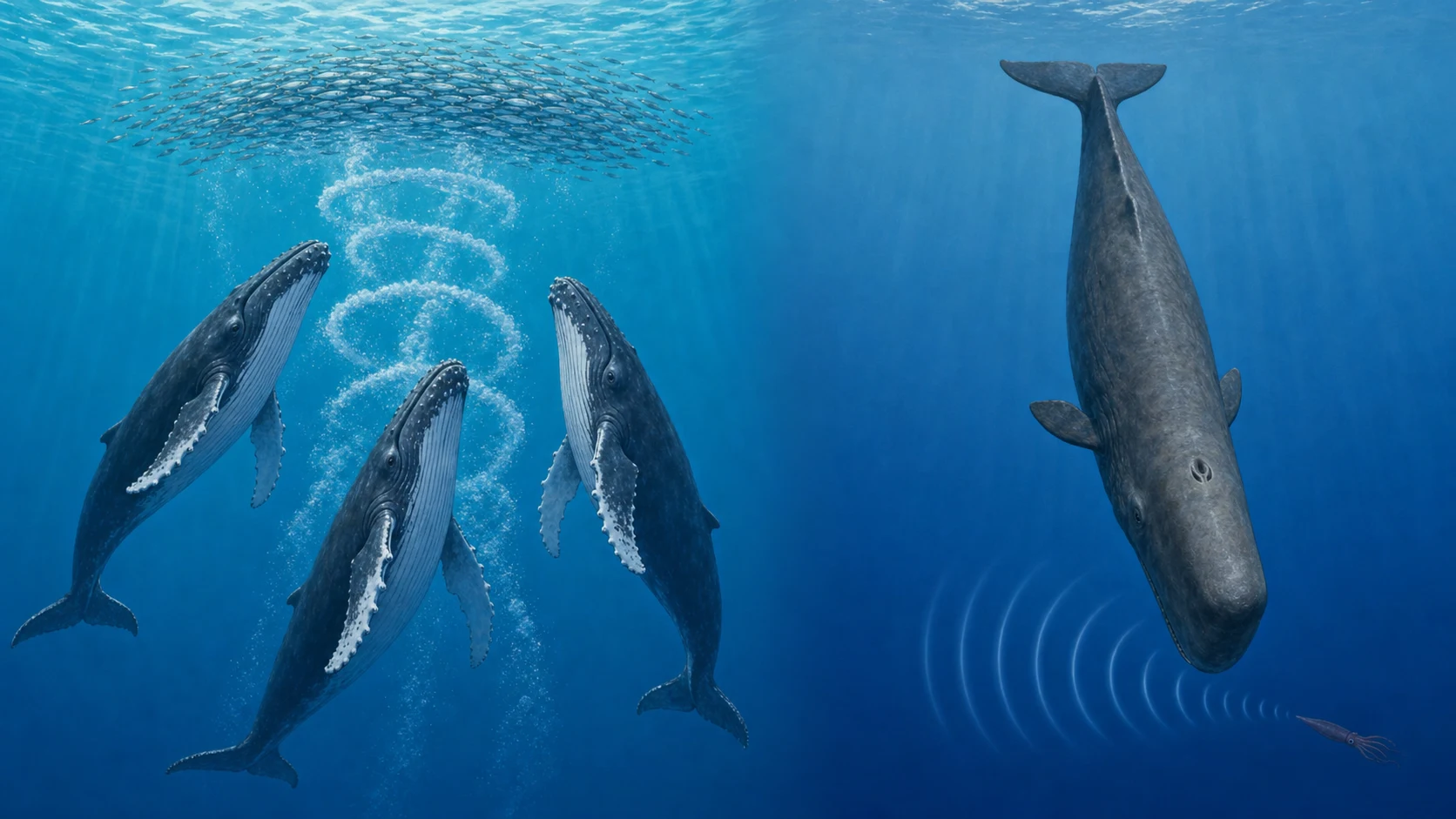 泡で魚を集めるザトウクジラと深く潜るマッコウクジラ