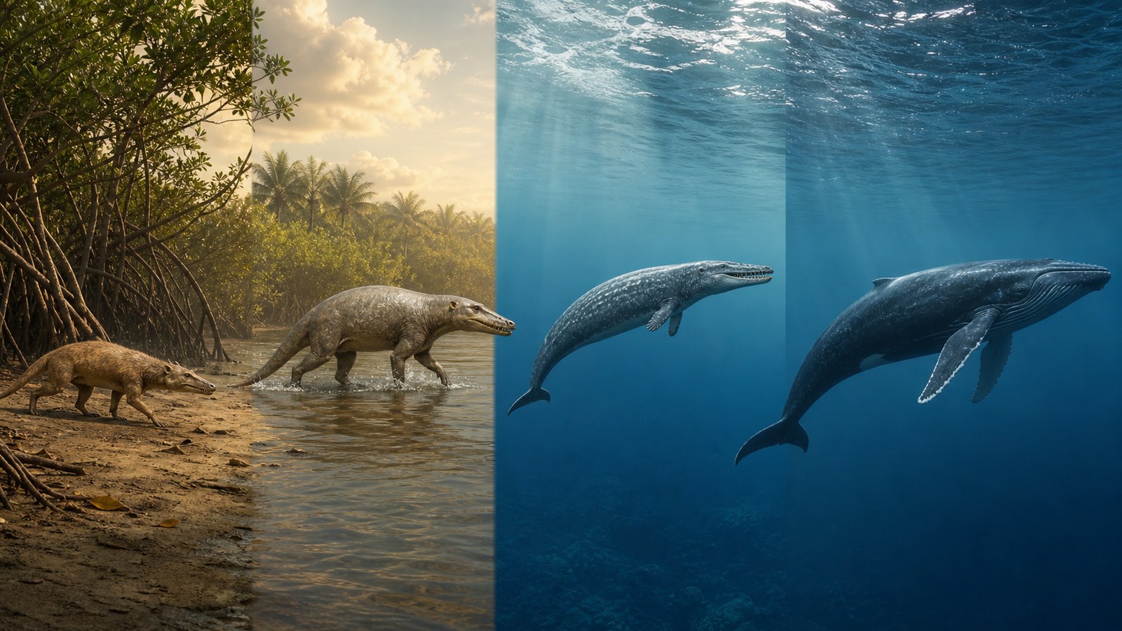 四足の初期鯨類から半水生型、完全水生型、現生クジラへ移る進化を写実的に描いたアイキャッチ