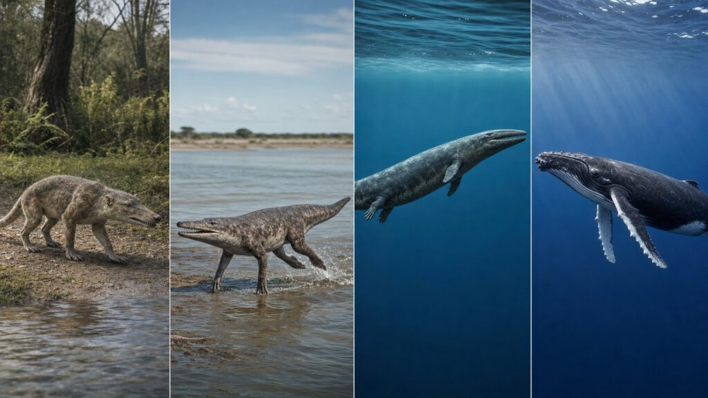 四足の初期鯨類、半水生型、完全水生型、現生クジラを写実的に並べた進化復元図