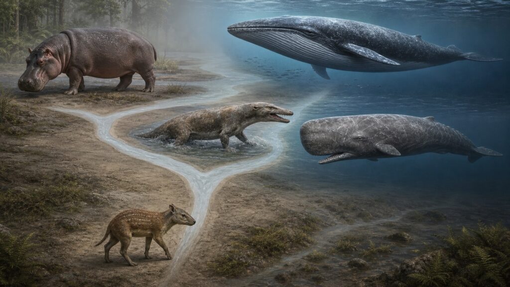 偶蹄類の共通祖先からカバ類と鯨類が分かれ、ヒゲクジラとハクジラへ枝分かれする関係を写実的に示した図
