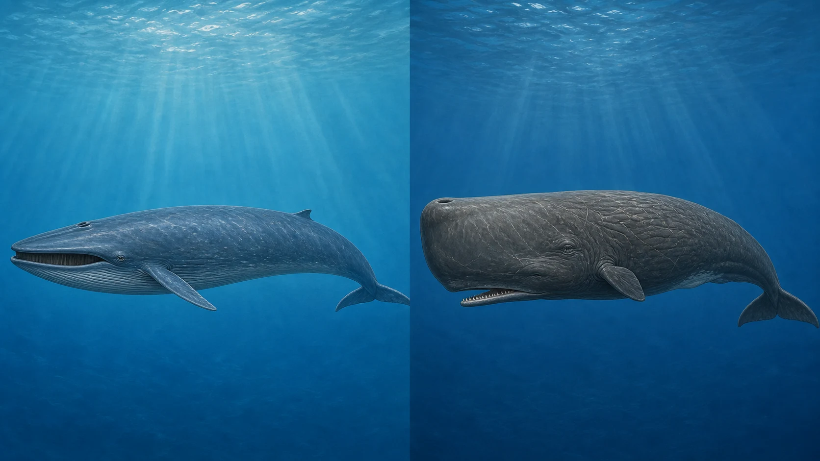 ヒゲ板をもつシロナガスクジラと歯をもつマッコウクジラ