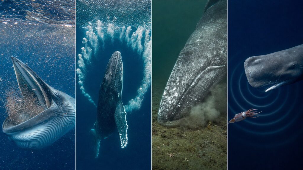 突進採食、泡の網、海底吸い込み、深海潜水というクジラの採食法を写実的に比較した図