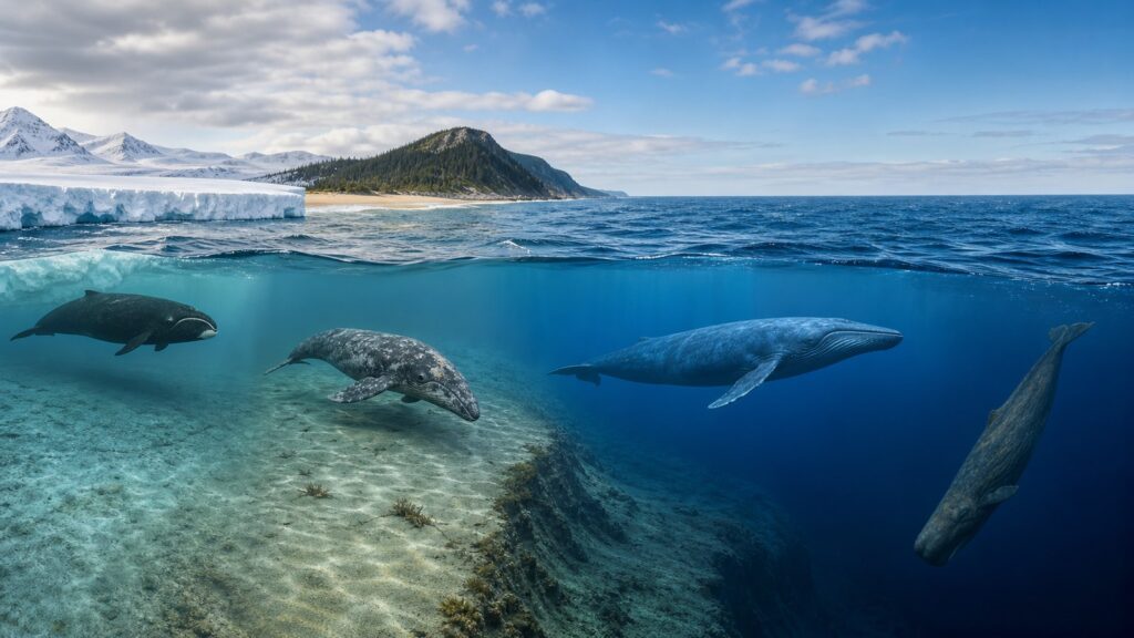 極海、沿岸、外洋、深海というクジラの代表的な生息環境を写実的に比較した図