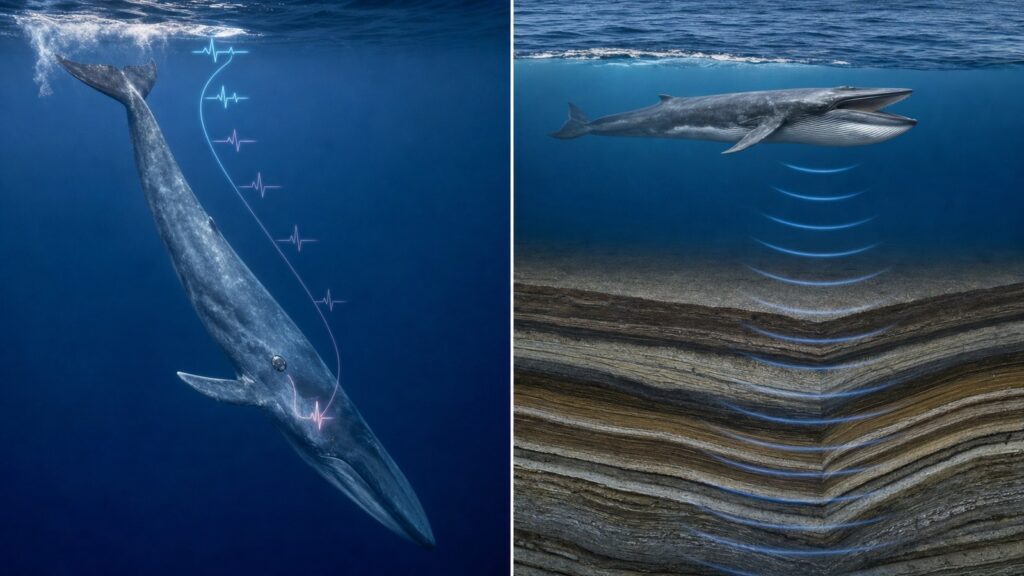 潜水するシロナガスクジラの心拍変化とナガスクジラの声が海底地層で反射する仕組みを写実的に並べた図