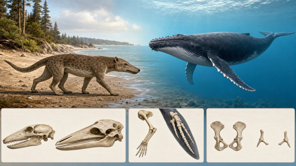 陸上型の初期鯨類と現生クジラを対比し、鼻孔、前肢、後肢、骨盤、尾の変化を示す比較解剖図
