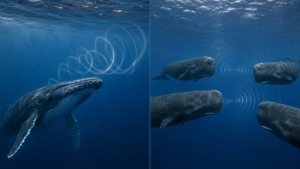 歌うザトウクジラとクリック列を交わすマッコウクジラの群れを写実的に比較した研究図
