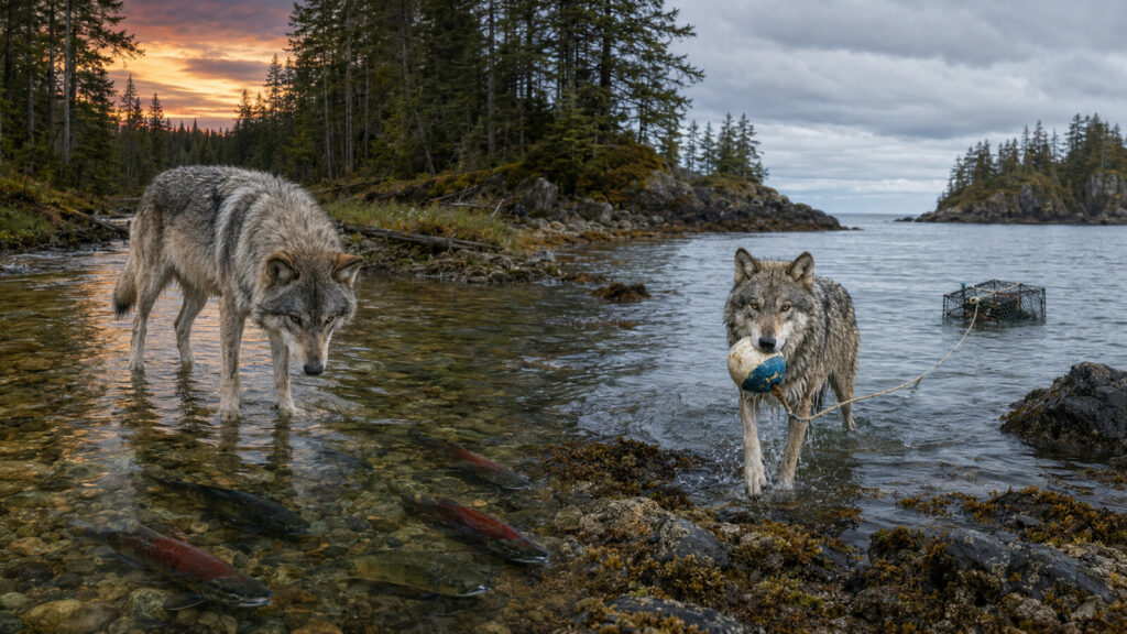 夜の小川で魚を捕るオオカミと、水中のカニかごにつながるロープを引くオオカミの研究図