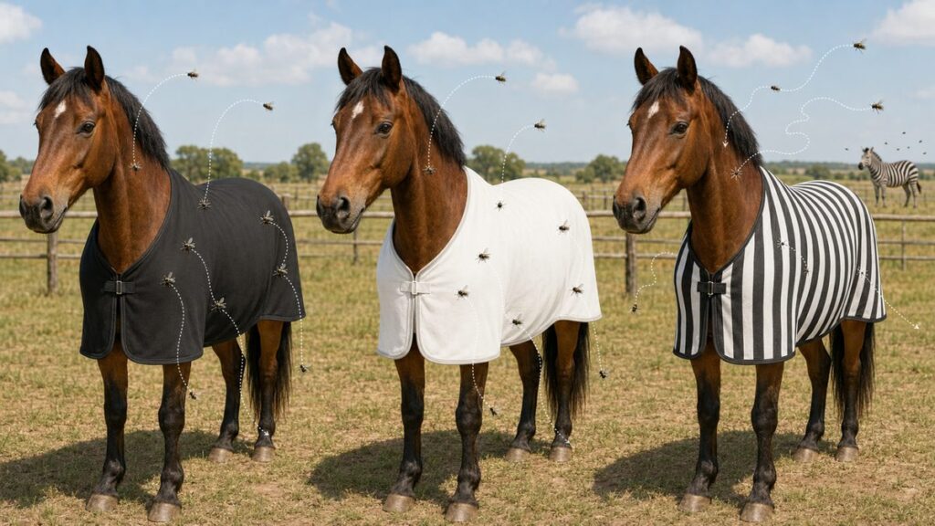 単色と縞模様の馬着へ近づくアブの飛行と着地成功率の違いを示す実験図