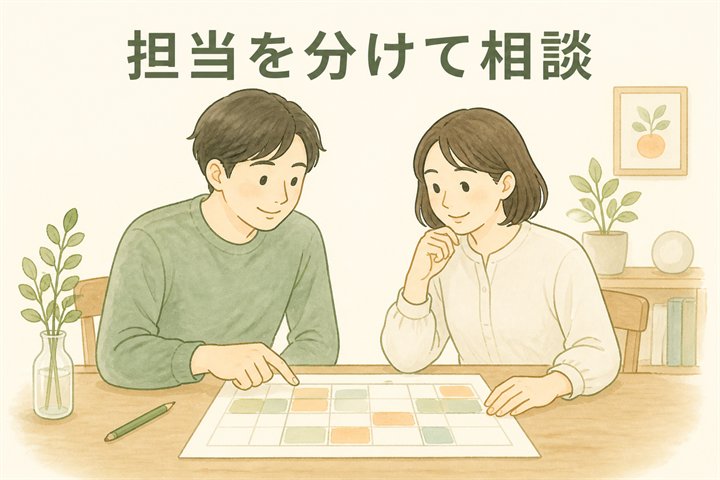 家族が予定表を見ながら、お迎えや受診、翌日の看病の役割を相談するイラスト。