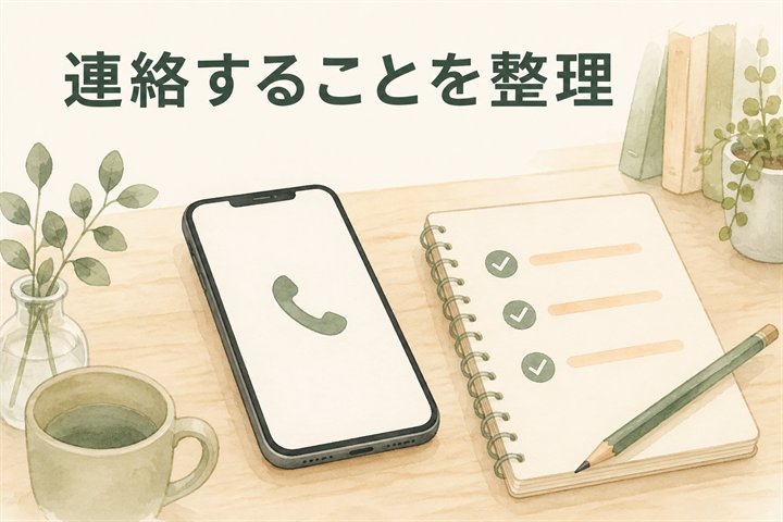 電話とメモ帳で、連絡先や引き継ぎ事項、次に報告する時刻を整理するイラスト。