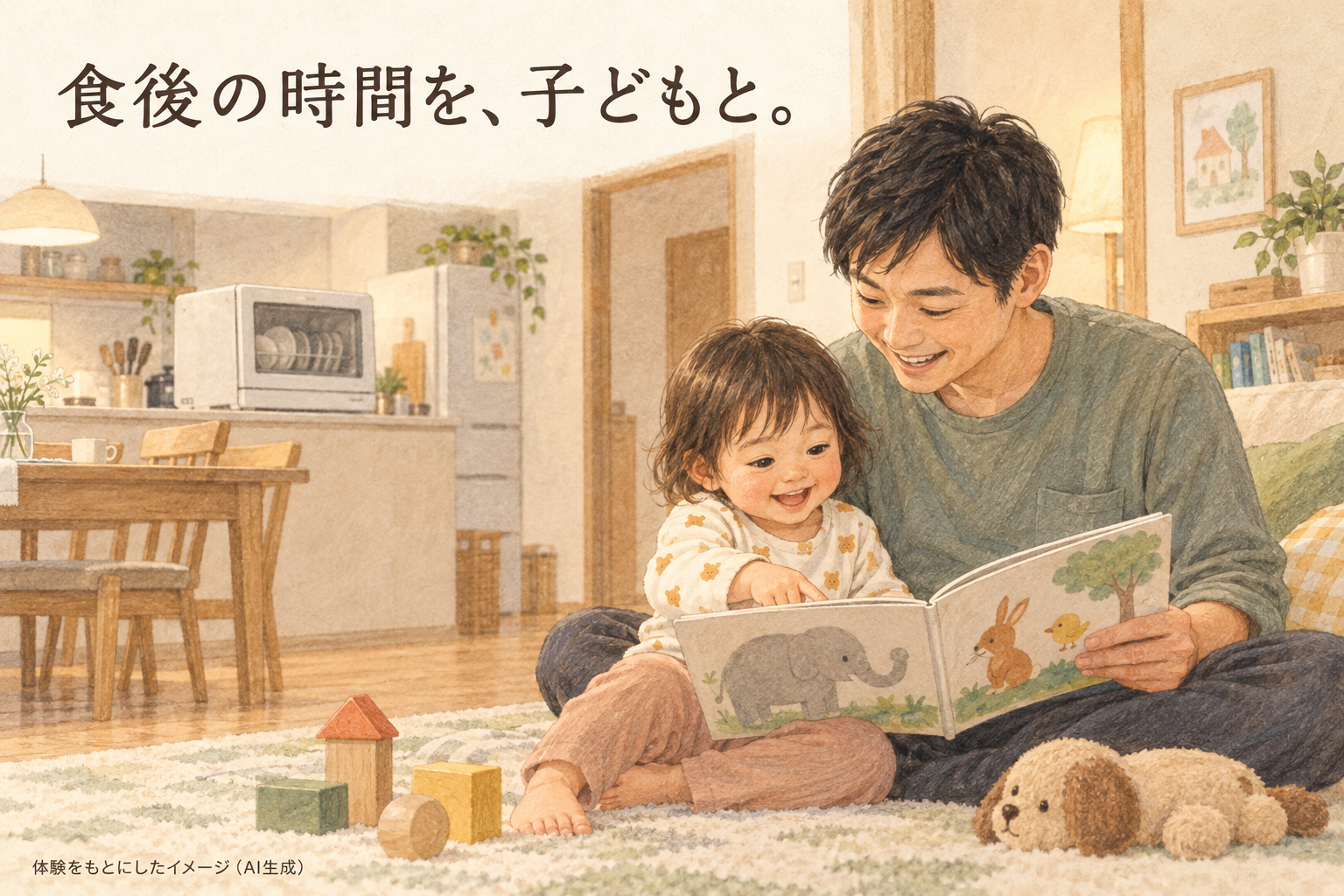 食洗機に食器洗いを任せ、夕食後に父親と子どもが絵本を楽しむイメージイラスト