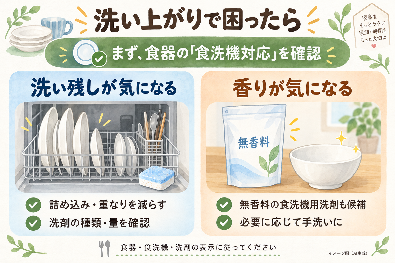 食洗機対応を確認したうえで、洗い残しには食器の重なりと洗剤を見直し、香りが気になる場合は無香料洗剤や手洗いを検討する図