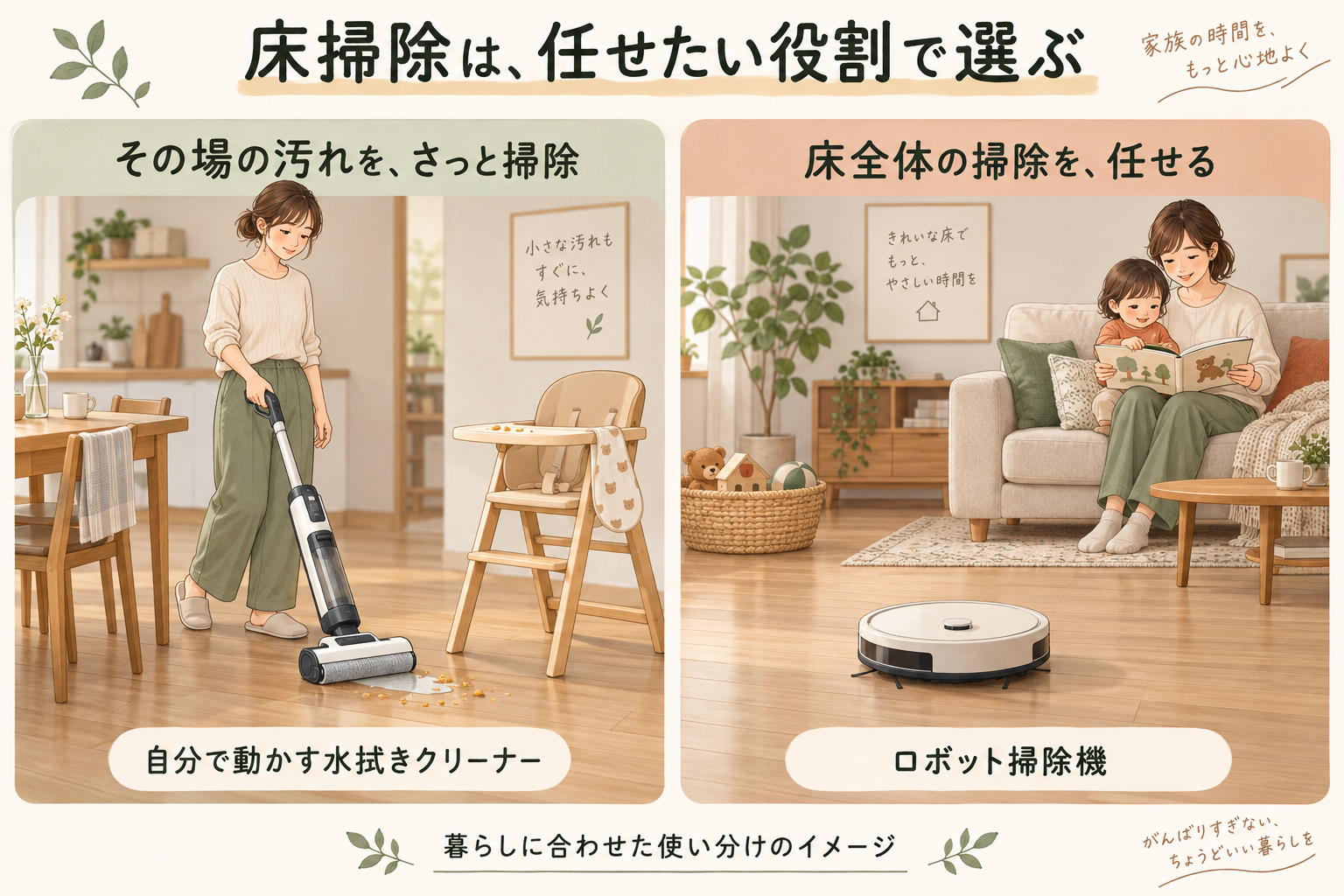 その場の食べこぼしを自分で掃除する水拭きクリーナーと、床全体の掃除を任せるロボット掃除機の使い分け。