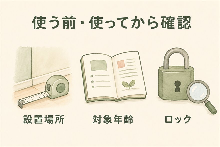 ベビーゲートを使う前に、設置場所、対象年齢、ロックを確認する3つのアイコン。