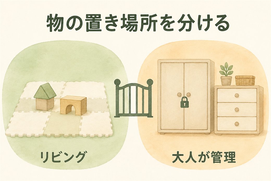 リビングと大人が管理する物の置き場所を分ける考え方を示した概念イラスト。