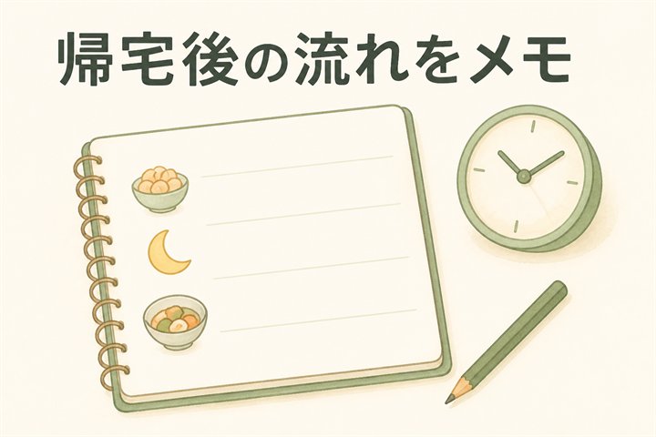 夕食前の間食や眠そうな様子、食べ始める時間をメモするイラスト。