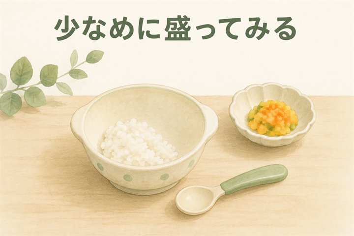 子どもの器に少なめに盛り、食べ慣れたものを添える食卓のイラスト。
