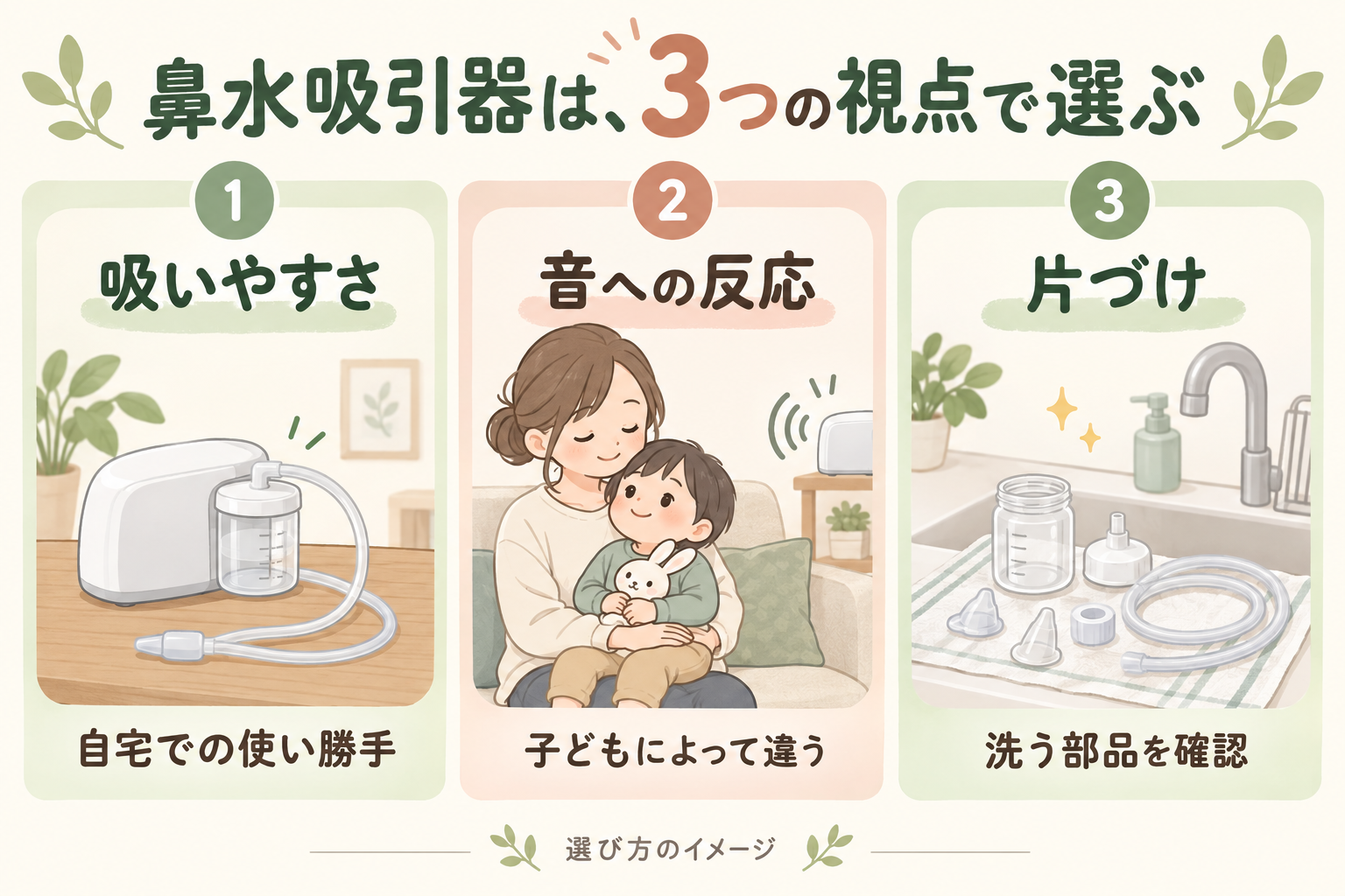 鼻水吸引器を、吸いやすさ・子どもの音への反応・洗う部品の3つの視点で選ぶイラスト。