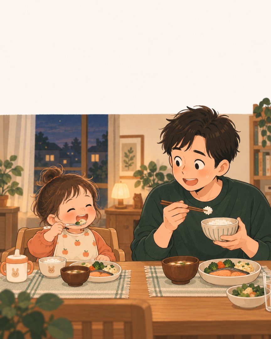 パパと子どもが同じ見た目のごはんを並んで食べるイラスト